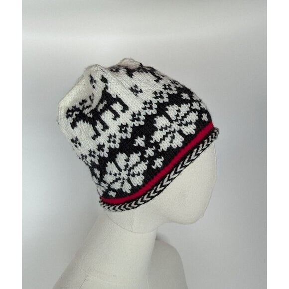 Hand Knit Beanie Fair Isle Nordic Style 4 Point Black And White Hat S/M - Picture 2 of 8